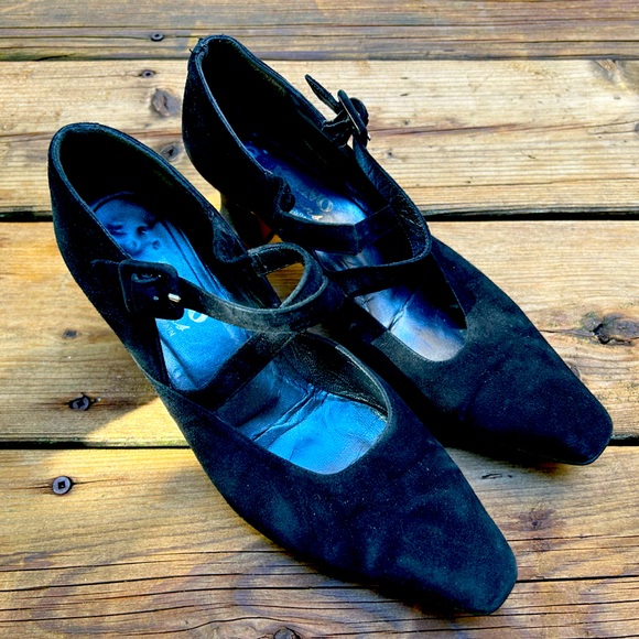 Black suede ballet cross straps, 2 inch heels - Picture 1 of 7